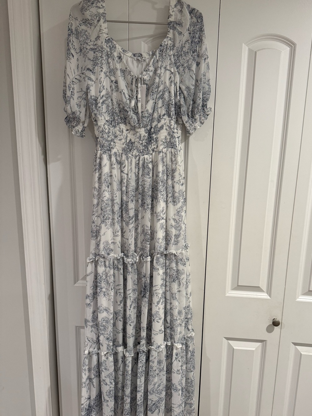 Baltic Born - Women's White and Blue Floral Maxi Dress - Smocked Waist